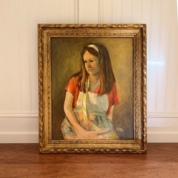 Other - Vintage 1960s Impressionist Portrait Painting Gold Frame - Young Woman in Apron